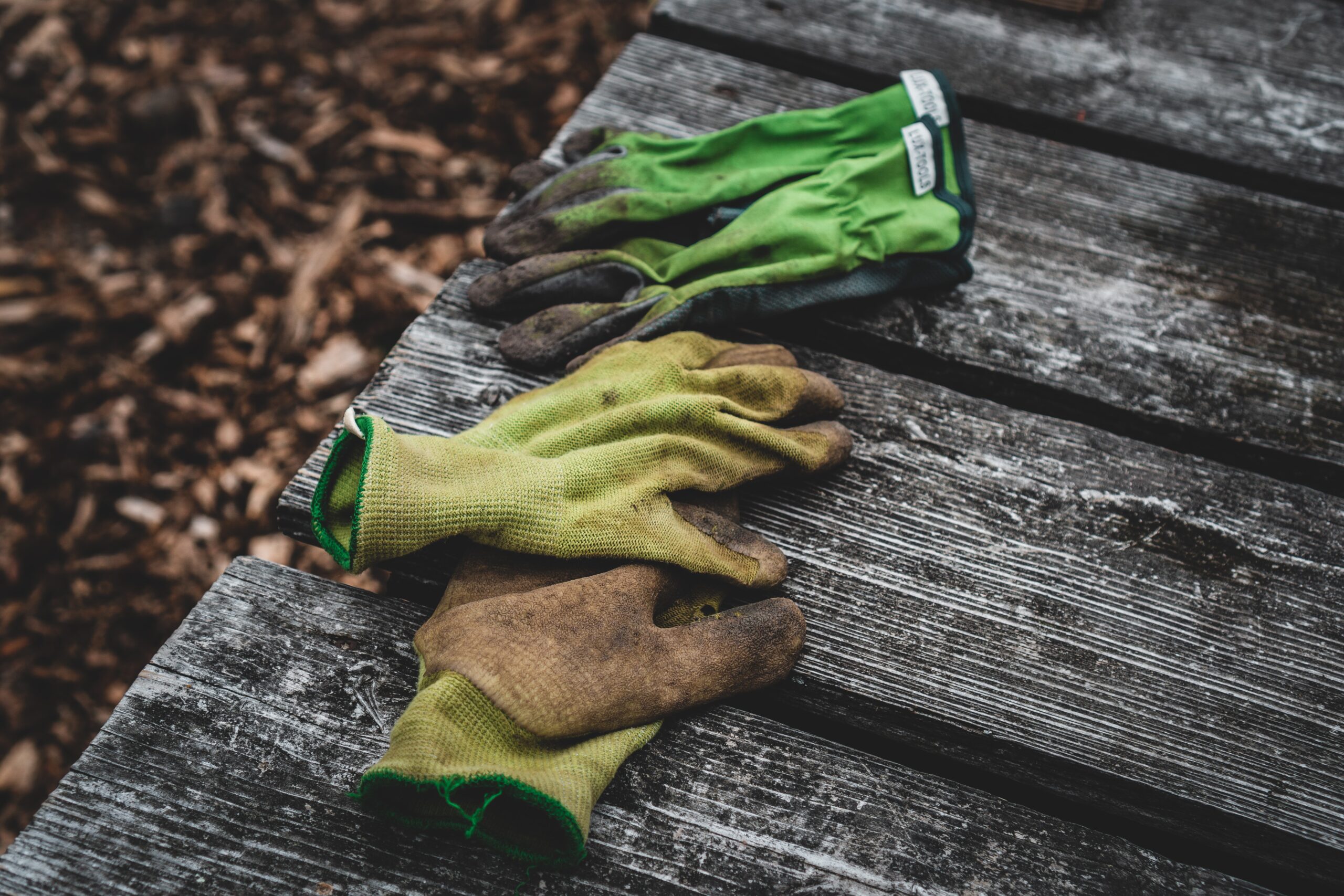 gardening gloves on rustic wood table